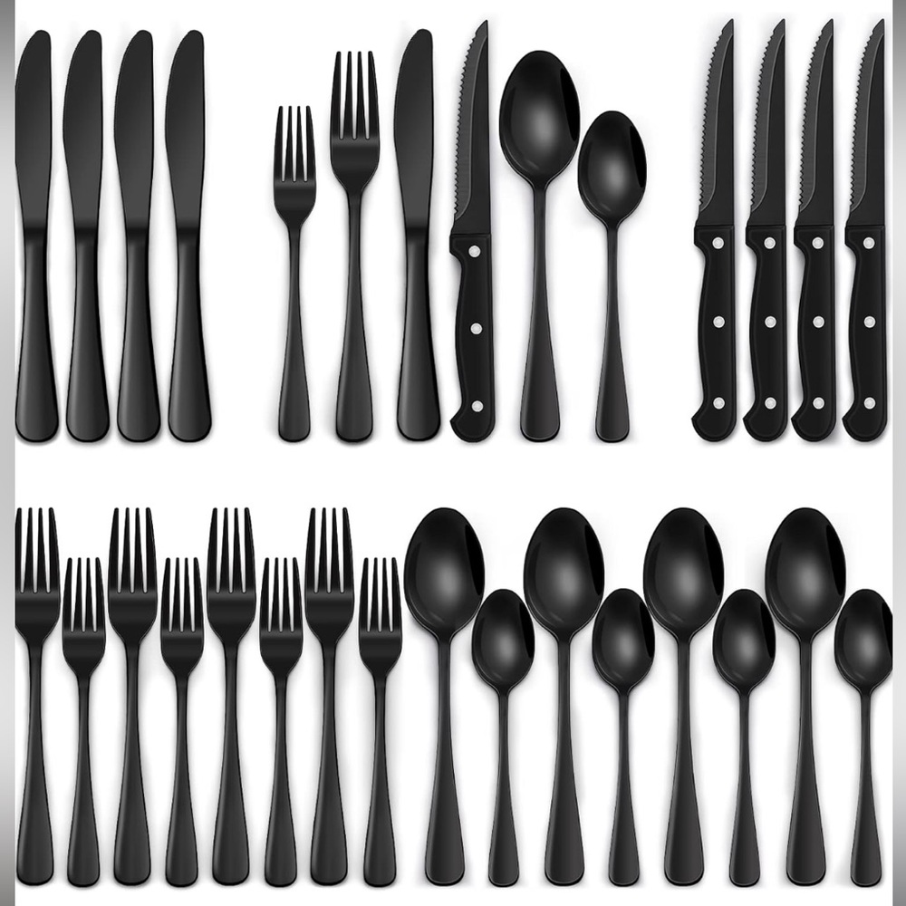 24-Piece Black Silverware Set with Steak Knives